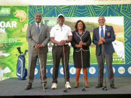 From left Kenya Golf President Philip Ochola, KCB Group Treasurer Anthony Mulisa, Kenya Ladies Golf Union Vice Chairman Rosemary Mkok, and Royal Nairobi Golf Club Chairman David Ndung’u during the launch of 2025 KCB East Africa Golf Tour at the Royal Nairobi Golf Club on January 23, 2025.