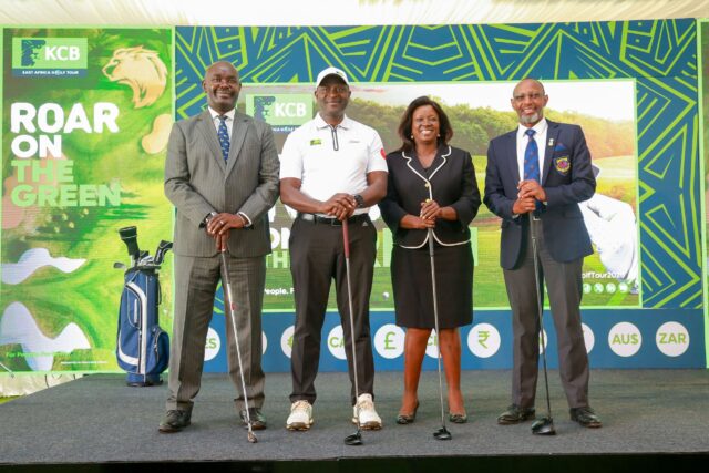 From left Kenya Golf President Philip Ochola, KCB Group Treasurer Anthony Mulisa, Kenya Ladies Golf Union Vice Chairman Rosemary Mkok, and Royal Nairobi Golf Club Chairman David Ndung’u during the launch of 2025 KCB East Africa Golf Tour at the Royal Nairobi Golf Club on January 23, 2025.