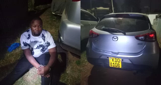 FotoJet-18-1756883512-1210x642 Taxi driver Fred Atandi Morara arrested by DCI for stealing Ksh500,000 from a client. Incident happened on August 8, 2025, after he lured the client with a cheaper ride to Lavington. He allegedly vanished with the client’s phone and transferred money to different accounts. Police recovered a Mazda Demio with fake number plates, SIM cards, and a sisal rope. Case comes amid a wider crackdown where eight gang suspects were nabbed in Makueni County.