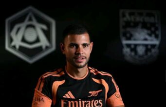 Arsenal Confirm Bruno Guimaraes Transfer From Newcastle United Bruno Guimaraes during an Arsenal media presentation at Emirates Stadium