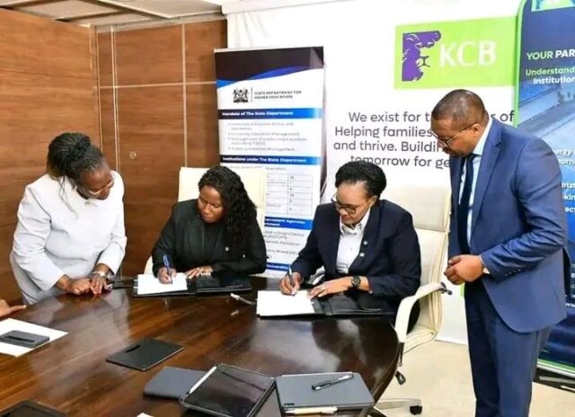 Higher Education PS Beatrice Muganda and KCB Managing Director Annastacia Kimtai during solarisation partnership Credit: File photo